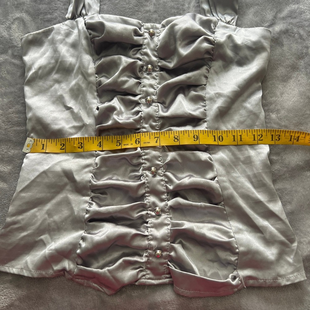 Silver Satin Ruched Halter Top Smocked Back Y2K Grey Party Blouse - Picture 6 of 9